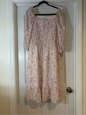 LOFT Blush Pink Floral Smocked Midi Dress